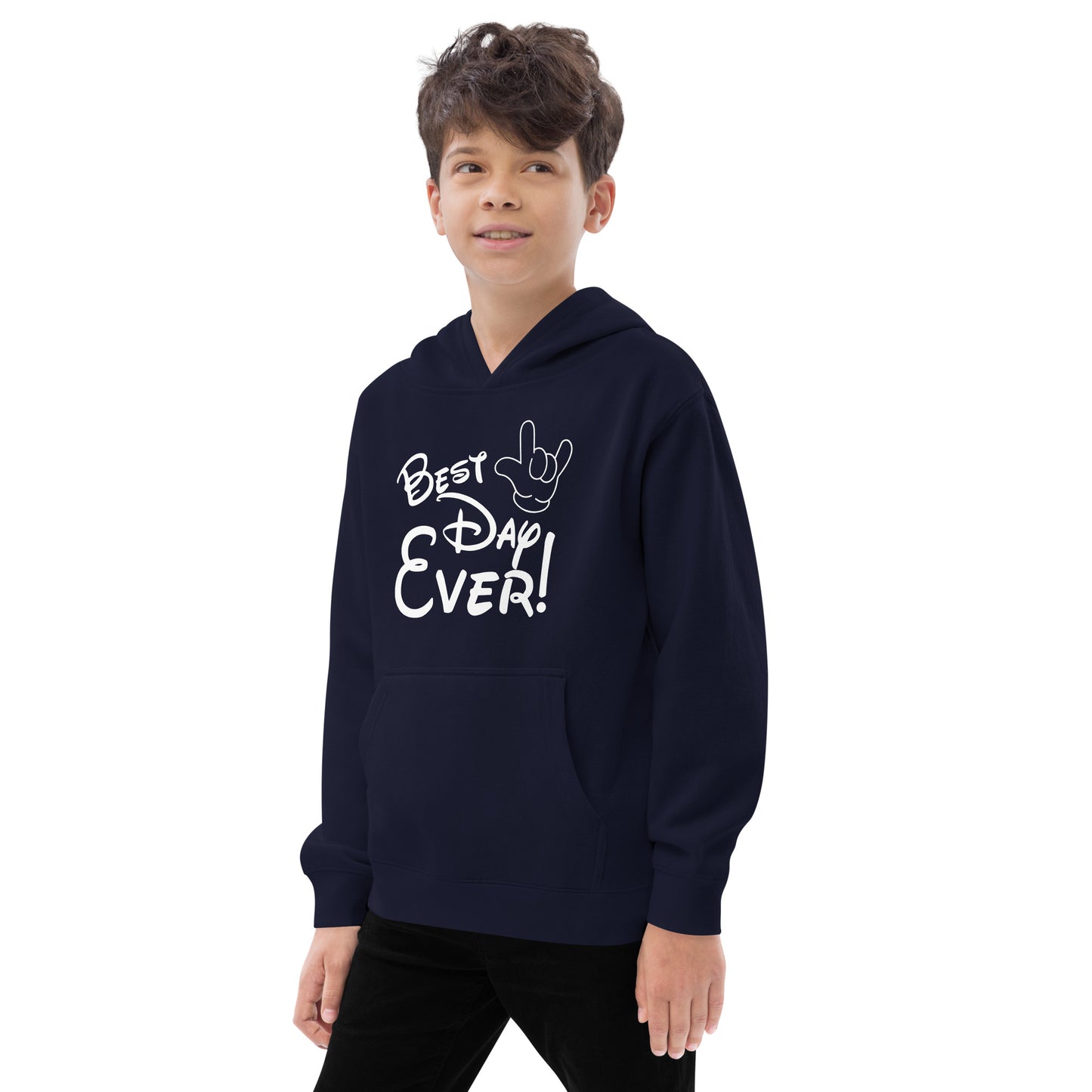 Best Day Ever! Disney-inspired Font Kids fleece hoodie with ASL 'I Love You' Hand-Unique & Comfortable