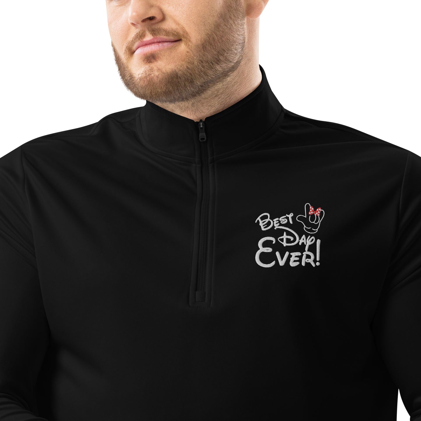 Best Day Ever! Disney-inspired Font Quarter zip pullover with ASL 'I Love You' Hand with RED bow- Unique & Comfortable