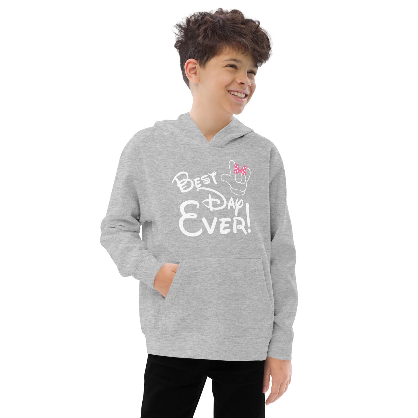 Best Day Ever! Disney-inspired Font Kids fleece hoodie with ASL 'I Love You' Hand-with PINK bow Unique & Comfortable