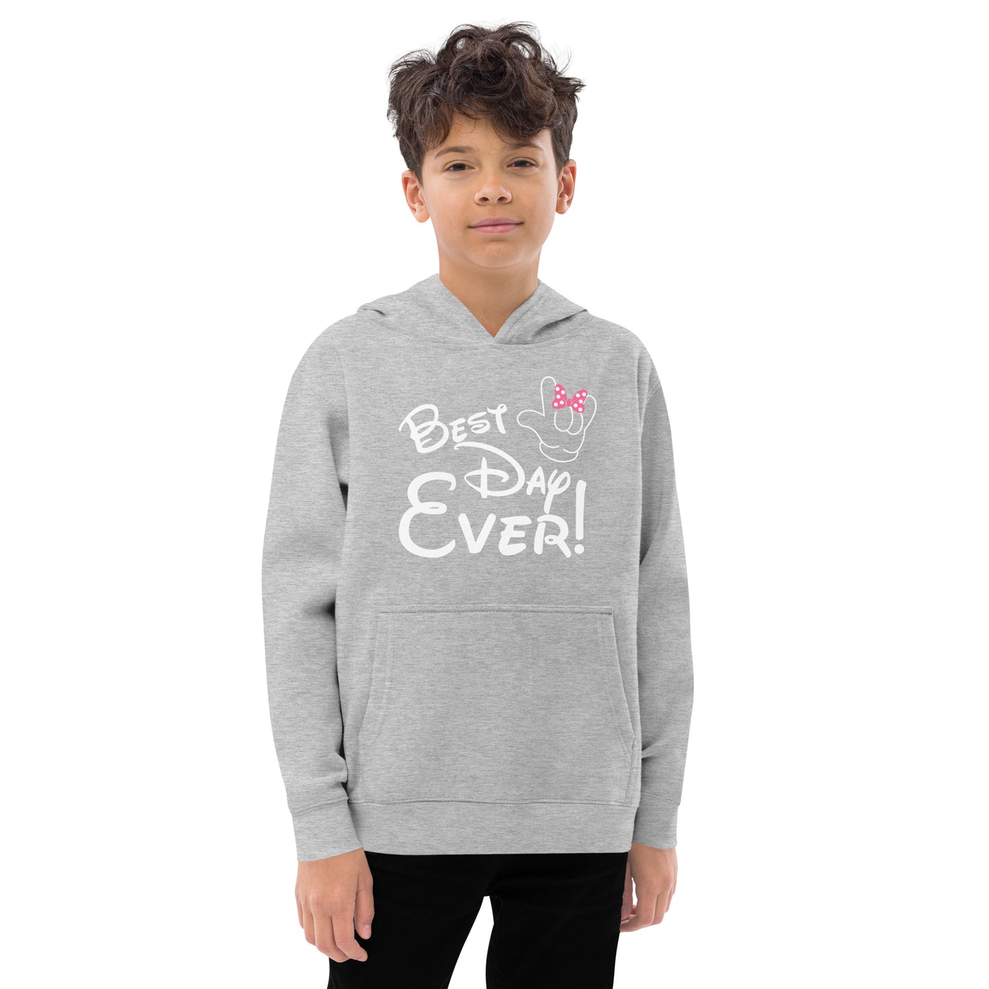 Best Day Ever! Disney-inspired Font Kids fleece hoodie with ASL 'I Love You' Hand-with PINK bow Unique & Comfortable