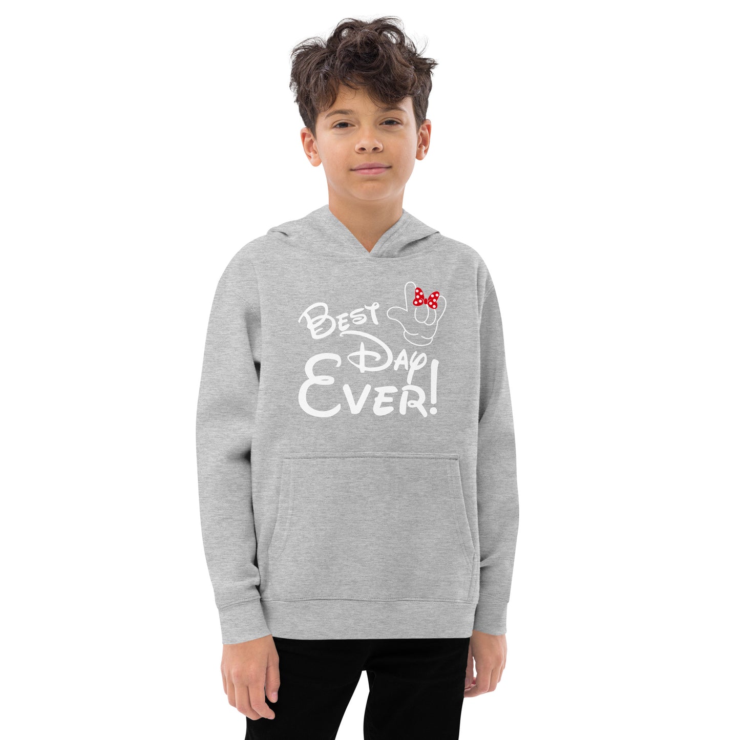 Best Day Ever! Disney-inspired Font Kids fleece hoodie with ASL 'I Love You' Hand-with RED bow Unique & Comfortable