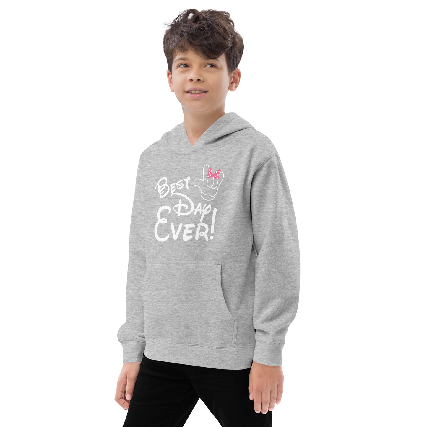 Best Day Ever! Disney-inspired Font Kids fleece hoodie with ASL 'I Love You' Hand-with PINK bow Unique & Comfortable