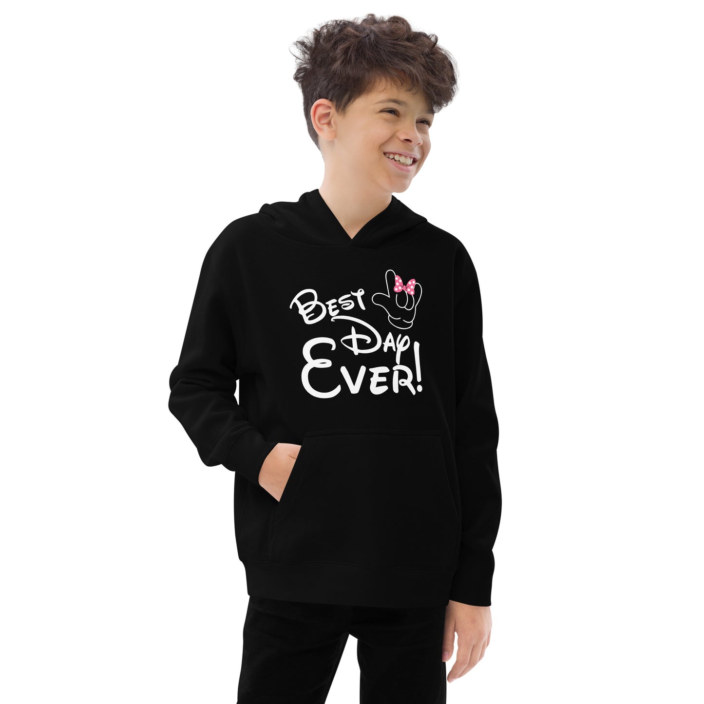 Best Day Ever! Disney-inspired Font Kids fleece hoodie with ASL 'I Love You' Hand-with PINK bow Unique & Comfortable