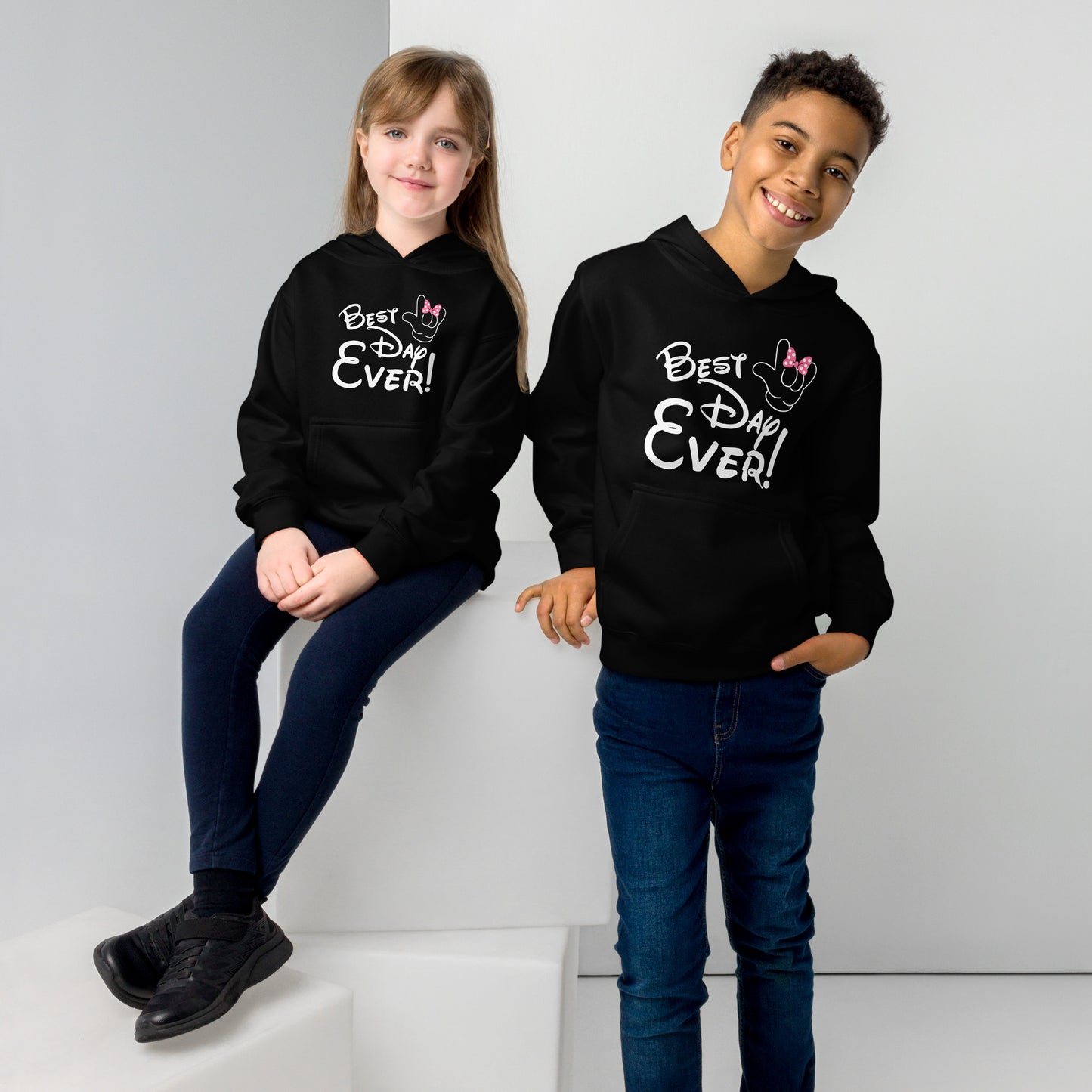 Best Day Ever! Disney-inspired Font Kids fleece hoodie with ASL 'I Love You' Hand-with PINK bow Unique & Comfortable