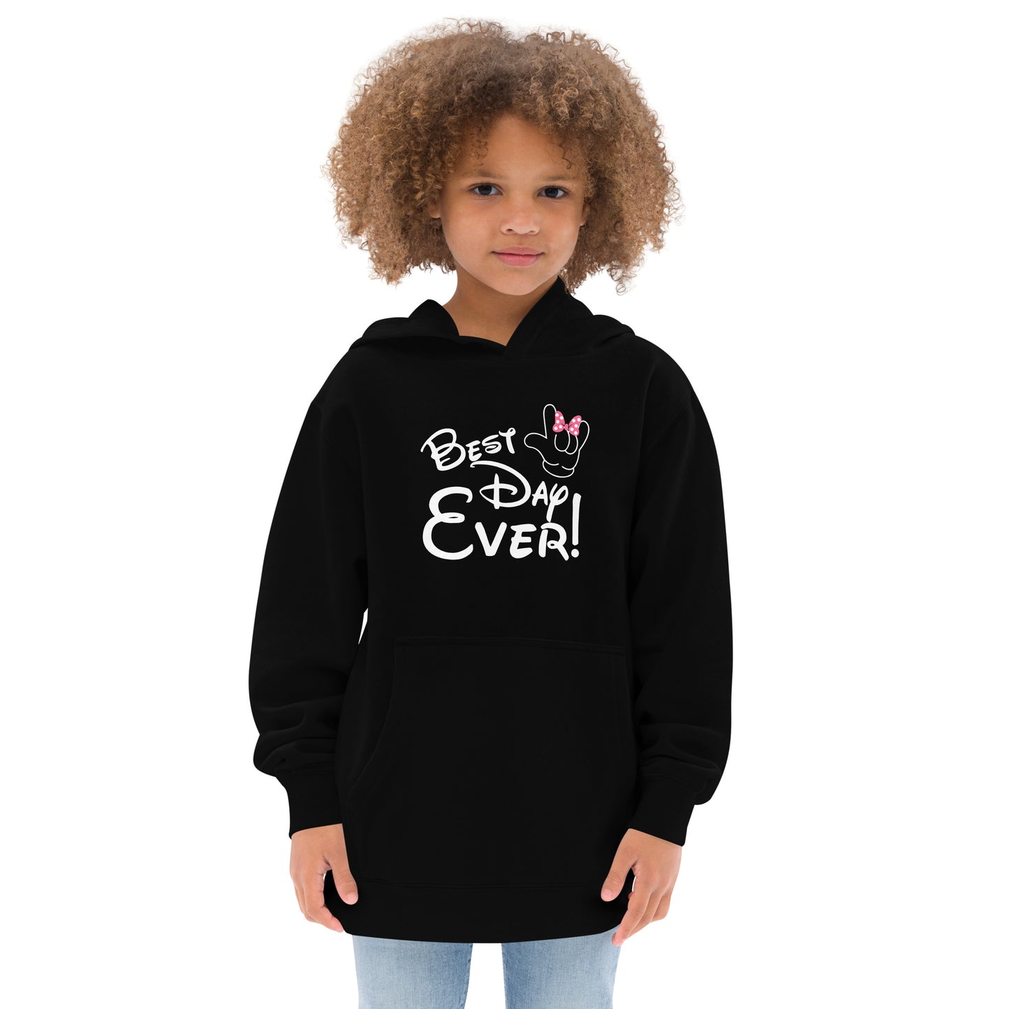 Best Day Ever! Disney-inspired Font Kids fleece hoodie with ASL 'I Love You' Hand-with PINK bow Unique & Comfortable