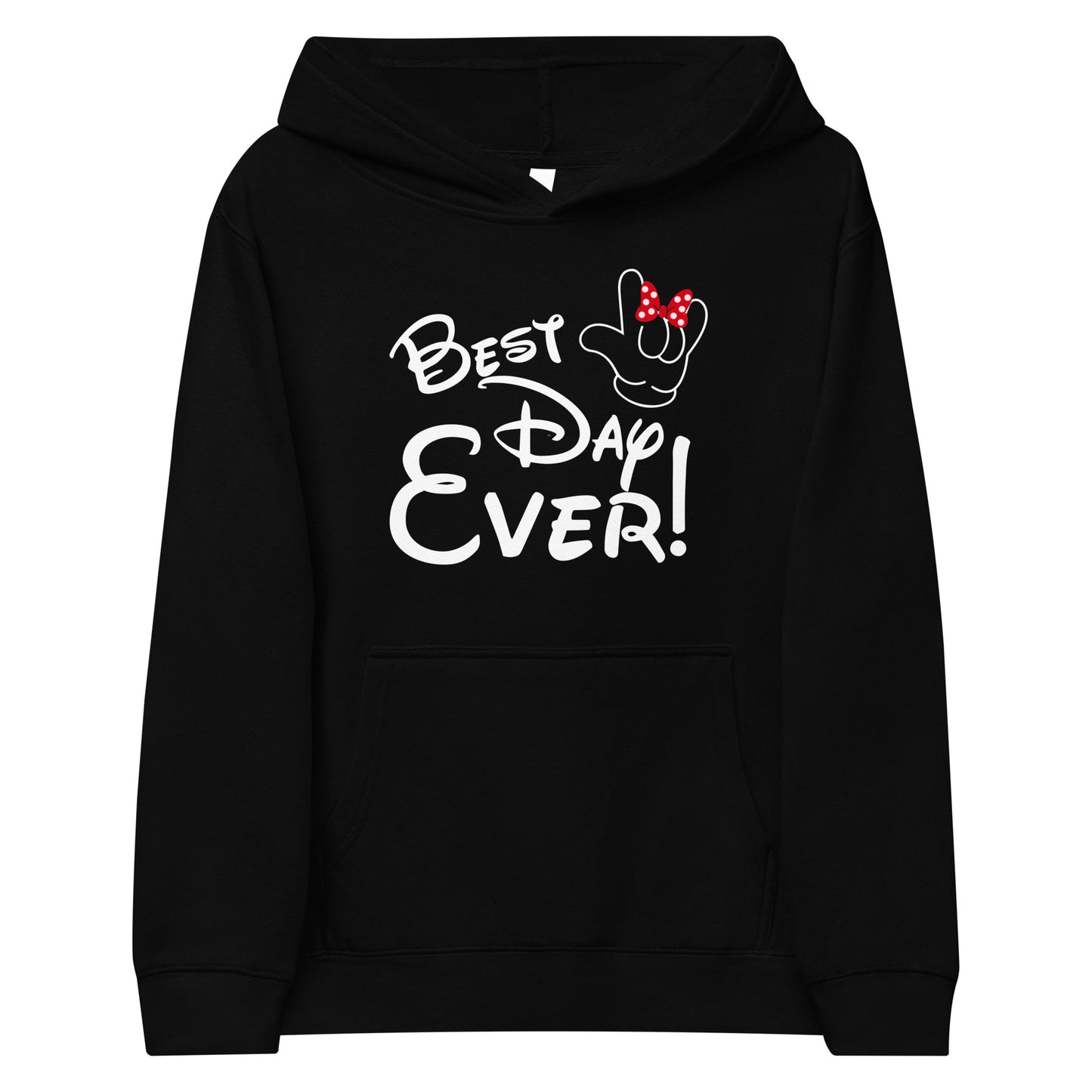 Best Day Ever! Disney-inspired Font Kids fleece hoodie with ASL 'I Love You' Hand-with RED bow Unique & Comfortable