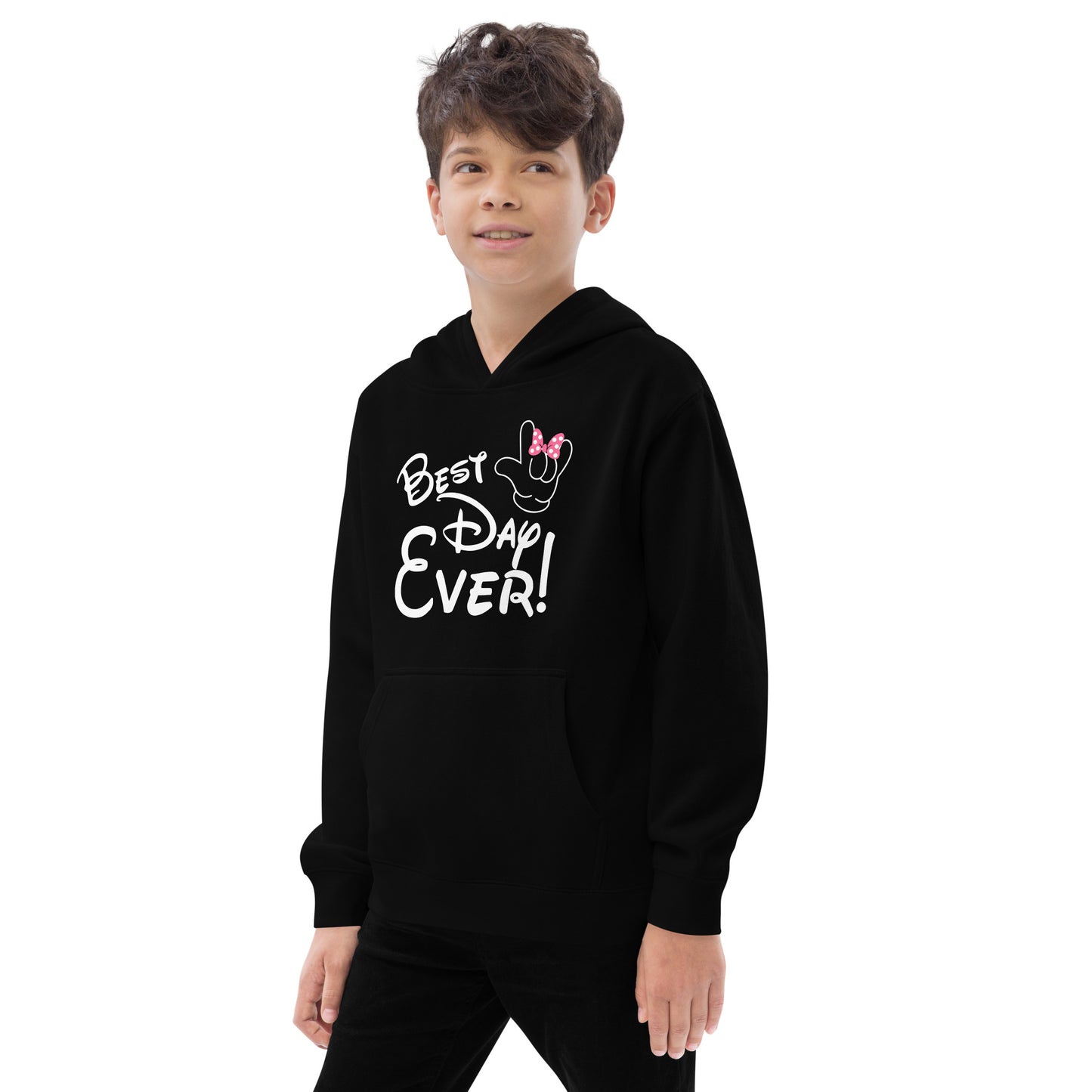 Best Day Ever! Disney-inspired Font Kids fleece hoodie with ASL 'I Love You' Hand-with PINK bow Unique & Comfortable