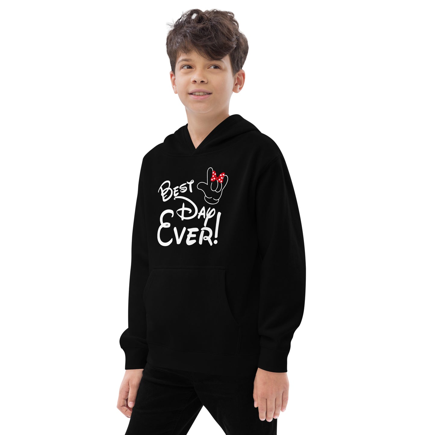 Best Day Ever! Disney-inspired Font Kids fleece hoodie with ASL 'I Love You' Hand-with RED bow Unique & Comfortable