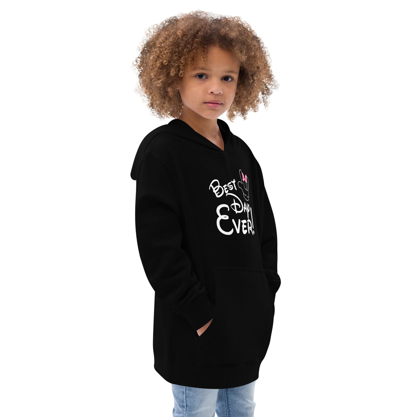 Best Day Ever! Disney-inspired Font Kids fleece hoodie with ASL 'I Love You' Hand-with PINK bow Unique & Comfortable