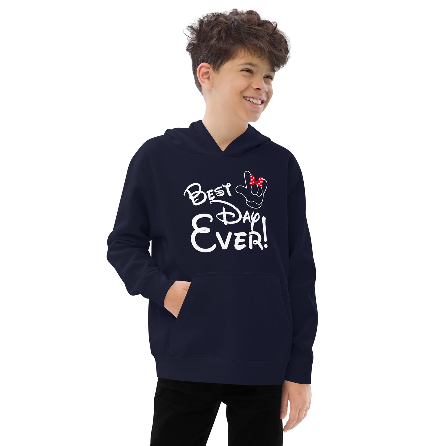 Best Day Ever! Disney-inspired Font Kids fleece hoodie with ASL 'I Love You' Hand-with RED bow Unique & Comfortable