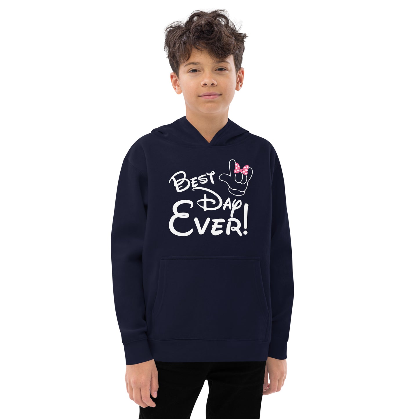 Best Day Ever! Disney-inspired Font Kids fleece hoodie with ASL 'I Love You' Hand-with PINK bow Unique & Comfortable