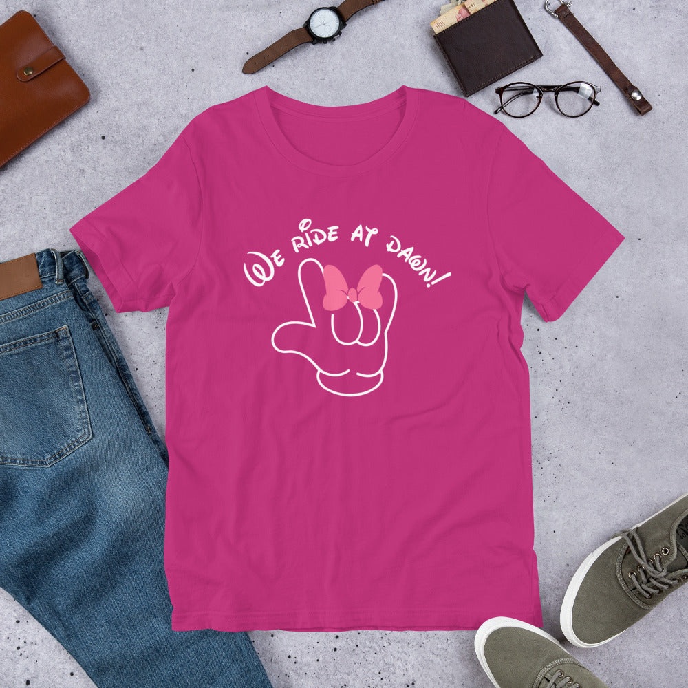 We Ride at Dawn Funny Disney Inspired ASL I LOVE YOU With Minnie Bow Unisex t-shirt