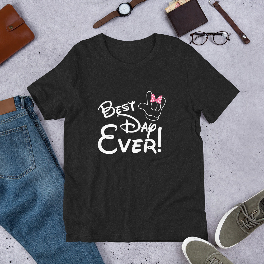 Best Day Ever! Disney-inspired Font Unisex t-shirt  with ASL 'I Love You' Hand, PINK bow- Unique & Comfortable