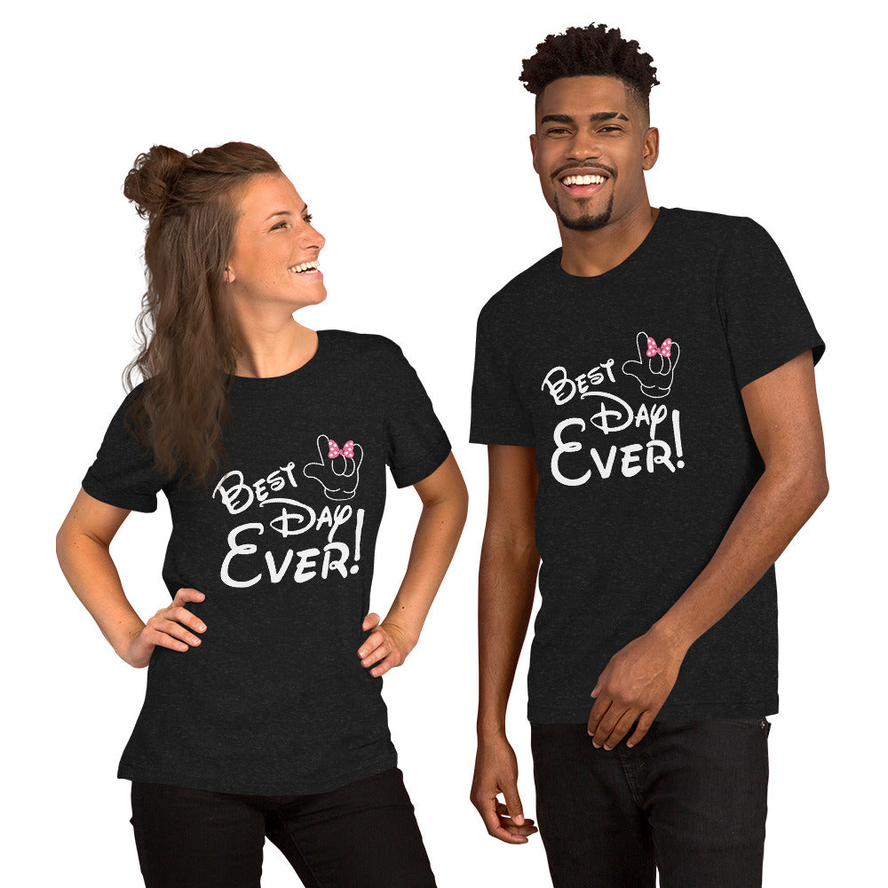 Best Day Ever! Disney-inspired Font Unisex t-shirt  with ASL 'I Love You' Hand, PINK bow- Unique & Comfortable