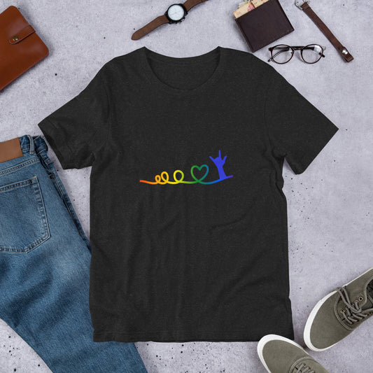 Hearts with ASL “I love you” rainbow colors Unisex t-shirt