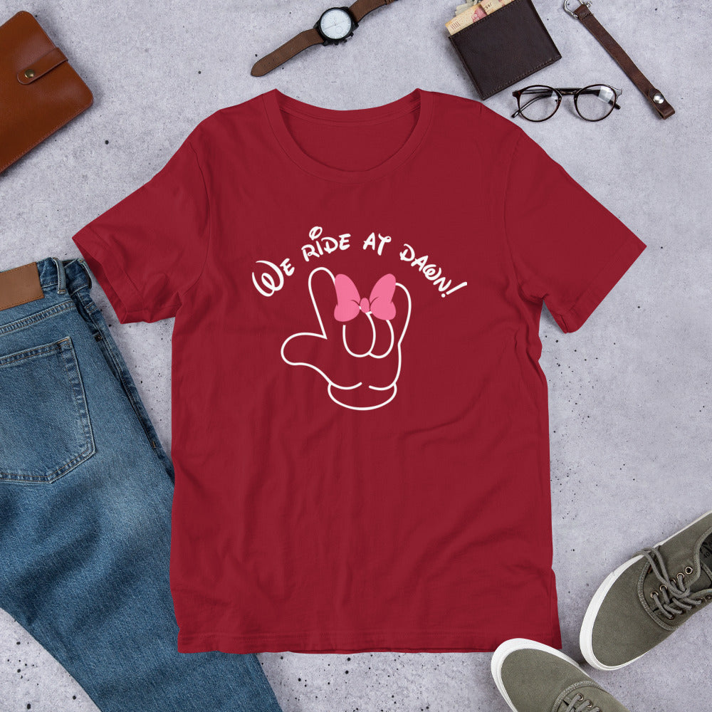 We Ride at Dawn Funny Disney Inspired ASL I LOVE YOU With Minnie Bow Unisex t-shirt