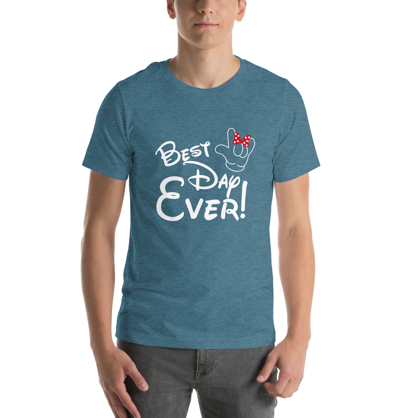 Best Day Ever! Disney-inspired Font Unisex t-shirt with ASL 'I Love You' Hand, RED bow- Unique & Comfortable