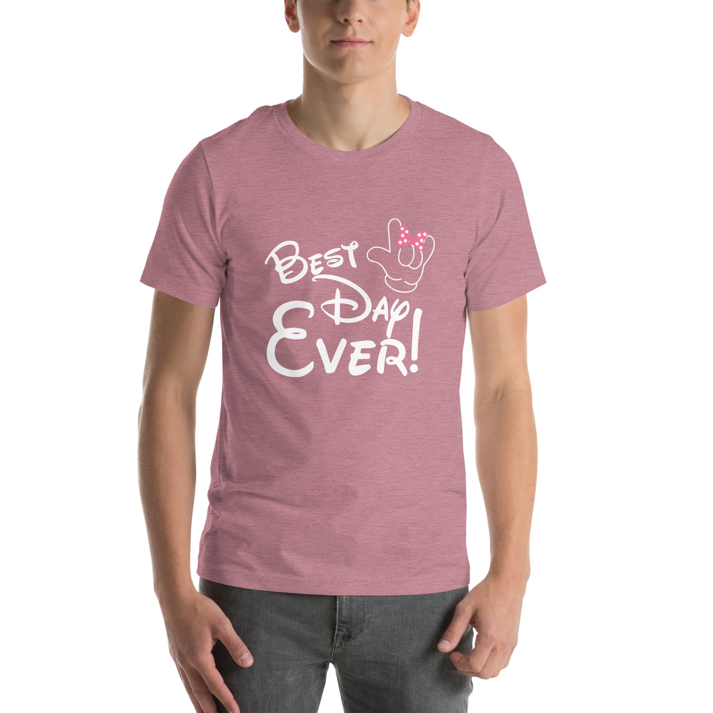 Best Day Ever! Disney-inspired Font Unisex t-shirt  with ASL 'I Love You' Hand, PINK bow- Unique & Comfortable