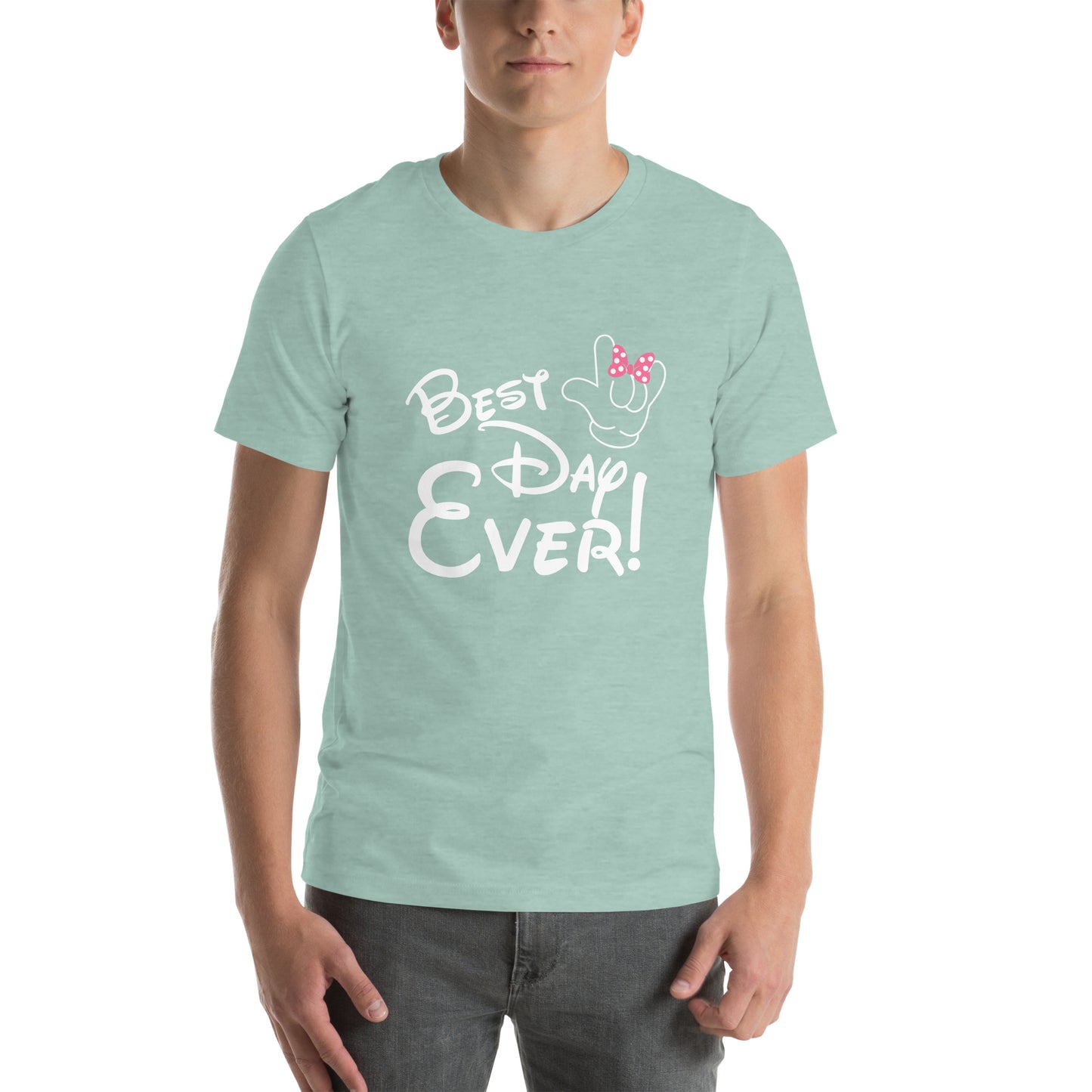 Best Day Ever! Disney-inspired Font Unisex t-shirt  with ASL 'I Love You' Hand, PINK bow- Unique & Comfortable