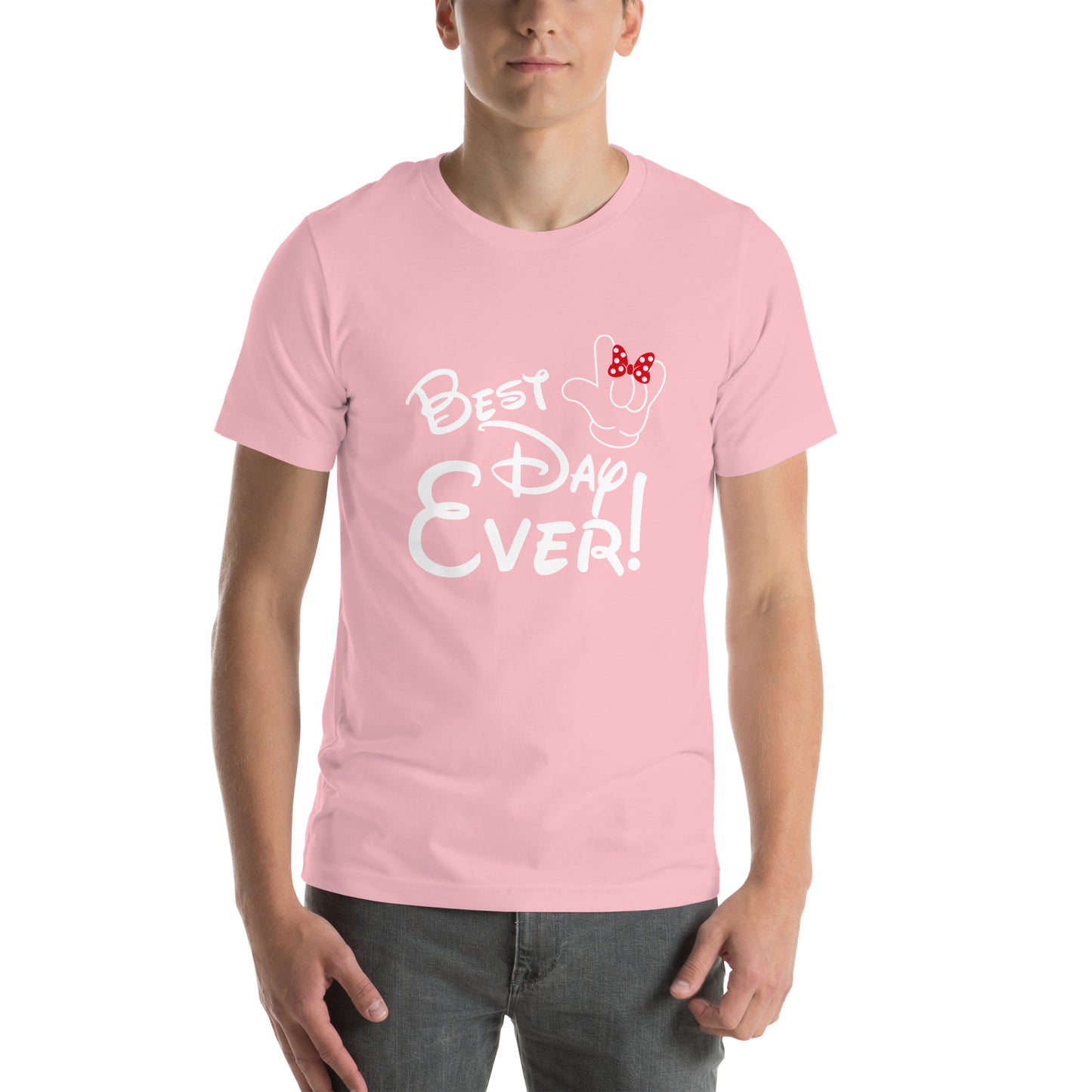 Best Day Ever! Disney-inspired Font Unisex t-shirt with ASL 'I Love You' Hand, RED bow- Unique & Comfortable